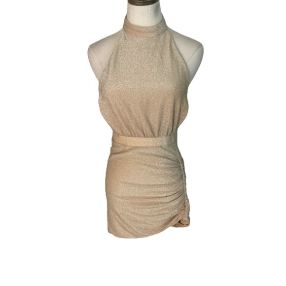 Babyboo Dresses & Skirts - Babyboo Mini Dress NEW M Medium Gold Sparkle Open Back Ruched Bodycon